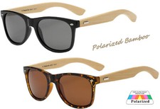 Pair of Tortoise Shell Wayfarer-Style Sunglasses with Bamboo/Wood Temples and Blue Mirror Lenses