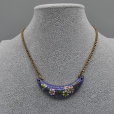 cloisonne enamel Vintage Cloisonné Enamel Crescent Bib Necklace with Floral Design on Blue Cord — listing 2