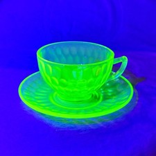 Federal Glass Green Uranium Vaseline Glass Cup and Saucer, Optic Panel Pattern, 3.5" Cup / 5" Saucer — listing 5