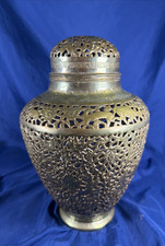 Vintage Brass Ginger Jar Table Lamp on Black Wood Base with Black Coolie Shade — listing 3