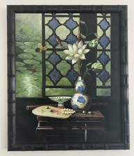 Vintage Original Still Life Oil Painting 'The Temple Bell' with Chinoiserie Objects, Signed — listing 3