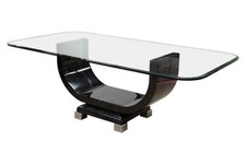 Postmodern Glass-Top Dining Table with 8 Black Lacquer High-Back Chairs — listing 2