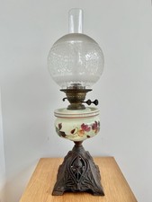 Antique Victorian Duplex Oil Lamp with Pink Hand-Painted Floral Font and Cranberry Frilled Glass Shade, 20 inches Tall — listing 3