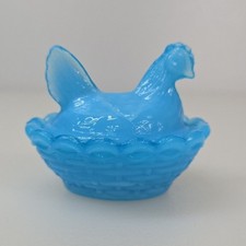 Blue Milk Glass Hen on Nest Covered Dish with White Head — listing 6