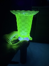 Vintage Uranium Glass Bud Vase, Green Swung Form with Pedestal Foot, 8 inches — listing 2