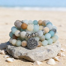 Handmade Beaded Stretch Bracelet with Amazonite, Fire Agate, Turquoise-Style Beads and Silver-Tone Lotus Charm — listing 3