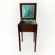 Victorian Mahogany Sewing / Work Table with Fold-Over Top, Fitted Drawers and Sliding Basket on Turned Pedestal Base — listing 2