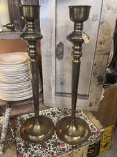 Pair of Vintage Tall Brass Floor Altar Candlesticks on Wood Bases — listing 4
