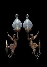 Antique Art Nouveau Brass Figural Mermaid Wall Sconce with Crystal Beaded Basket — listing 4