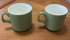 Set of 8 Mid-Century Avocado Green Ceramic Coffee Mugs with White Interior