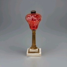 Antique Cranberry Glass Oil Lamp with Milk Glass Base and Etched Chimney
