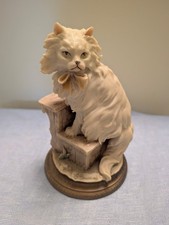 Giuseppe Armani Porcelain Cat Sculpture - White Cat Playing on Rush-Seat Chair with Ball of Yarn