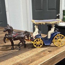 Antique Cast Iron Two-Seat Horse-Drawn Phaeton Carriage Toy with Two White Horses and Figures — listing 2