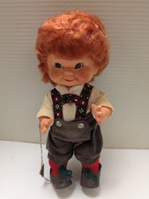 Hummel Style Chalkware Figurine, Boy Holding Doll on Bench, 4.5 inch