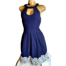 Fantaist Women's Navy Blue Fit and Flare Dress with Ruffle Collar, Size L — listing 3
