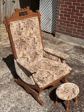 Antique Victorian Eastlake Carved Walnut Platform Rocking Chair with Floral Cut-Velvet Upholstery — listing 4