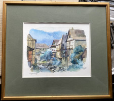 Watercolor Print of Alsatian Village Street Scene 'Wissembourg' with Half-Timbered Houses