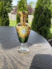 Vintage Bohemian/Venetian Style Green Glass Footed Vase with Gold Gilt Decoration