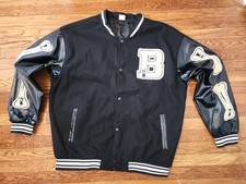Black Varsity Bomber Jacket with Chenille Bone Patches and 'B' Letterman Patch — listing 4