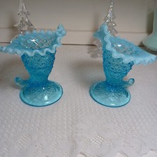 Fenton Custard Silver Crest Cornucopia Candle Holder (Uranium Custard Glass), Set of 2 — listing 6