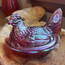 Iridescent White Opalescent Milk Glass Hen on Nest Covered Dish with Hand-Painted Floral Decoration — listing 4