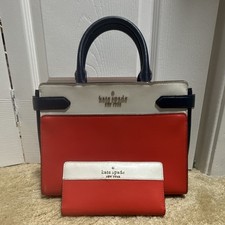 Kate Spade New York Colorblock Pebbled Leather Triple Compartment Satchel with Crossbody Strap, White/Beige/Black — listing 2