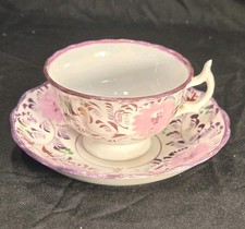 Antique Pink Copper Lustreware Tea Cup and Saucer with Hand-Painted Floral Motif — listing 2