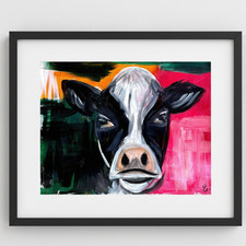 Colorful Impressionist Cow Portrait Painting, Framed