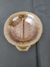 Vintage Amber Pressed Glass Divided Relish Dish with Scalloped Rim and Starburst Pattern