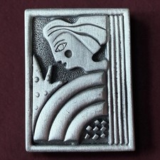 Vintage Figural Bellhop / Marching Band Boy Enamel Brooch with Moonglow Cabochon Head — listing 5