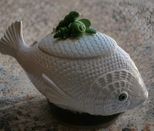 Figural Fish Soup Tureen with Lid, Pink/Mauve Majolica-Style Ceramic — listing 2