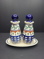 Boleslawiec Polish Pottery Oil & Vinegar Cruet Set with Tray, Blue Grape Pattern, 3-Piece — listing 5