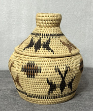 Vintage Coiled Lidded Basket with Geometric Diamond Motif