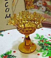 Vintage Amber Glass Thumbprint Footed Compote / Pedestal Bowl — listing 5