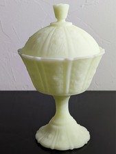 Vintage Custard Uranium Glass Footed Rose Bowl with Scalloped Rim