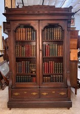Antique 1920s-30s Jacobean Revival Walnut China Cabinet on Stand with Turned Legs and Stretcher Base