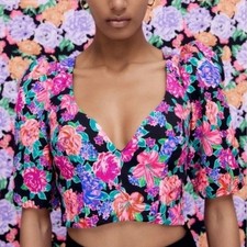 Zara Red Floral Ruched Spaghetti-Strap Crop Top, Size L — listing 4