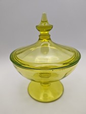 Vintage Uranium Glass Footed Candy Dish with Domed Lid, Green Satin Frosted with Greek Key Band, 5 inches tall — listing 4