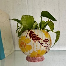 Hand-Painted Ceramic Globe Vase with Blue-Green Leaf Motif — listing 2