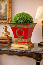 Regency-Style Red Tole Painted Chestnut Urn with Lion Mask Handles and Gilt Decoration — listing 6