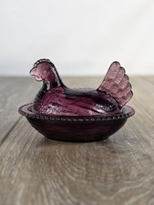 Amethyst Glass Hen on Nest Covered Dish with Hobnail Base