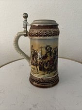 German Ceramic Beer Steins with Pewter Lids and Painted Glass Stein (Group) — listing 4