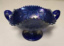 Cobalt Blue Carnival Glass Ruffled Compote with Iridescent Finish — listing 6