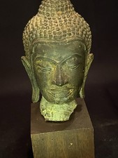 Cast Metal Buddha Head Sculpture with Ushnisha and Spiral Curls on Display Stand — listing 6