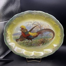 Antique Porcelain Game Bird Platter with Hand-Colored Pheasant Transfer, Embossed Scroll Rim, Gilt Trim — listing 3