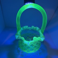 Green Opalescent Glass Ruffled Handled Basket / Bonbon Dish with Embossed Floral & Scroll Pattern — listing 2