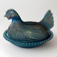 Indiana Glass Hen on Nest Covered Dishes, Pair (Carnival Blue & Iridescent Green) — listing 5