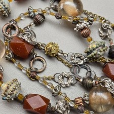 Multi-Strand Statement Necklace with Pink Coral and Orange Beads with Rhinestone Accents — listing 3