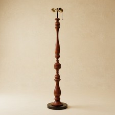 Turned Pine Wood Floor Lamp with Burlap Drum Shade