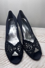 Black Lace Overlay Peep-Toe Platform Stiletto Pumps Read the insole logo — listing 6